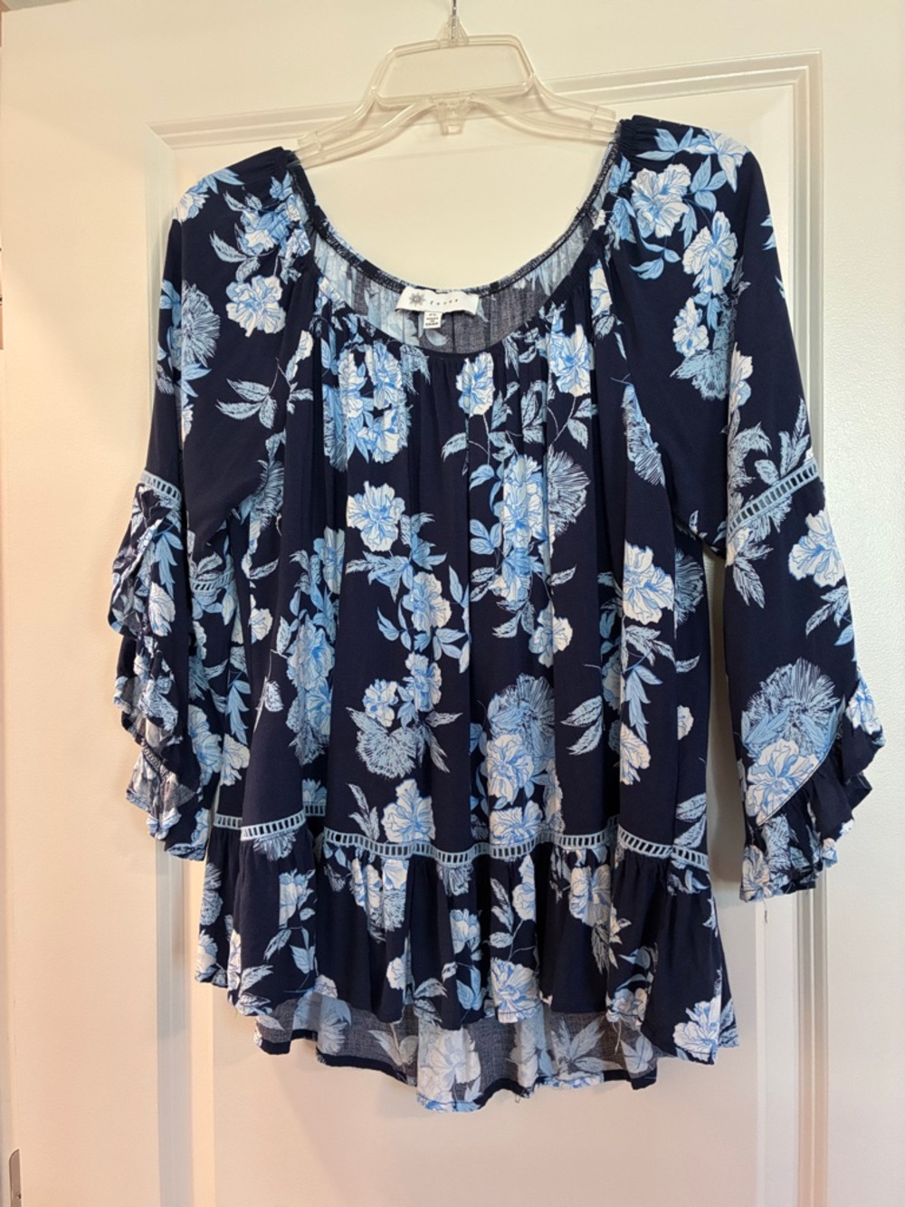 Fever Navy Blue Floral Ruffled Peasant Tunic